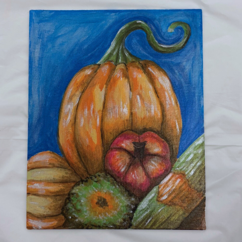 Image depicts painted gourds.