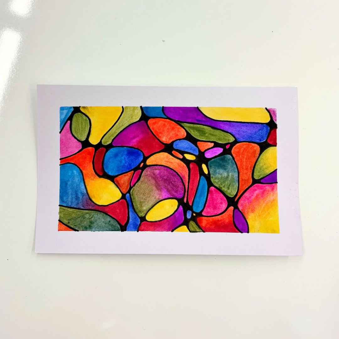 Intersecting, black scribble lines that form color blobs.